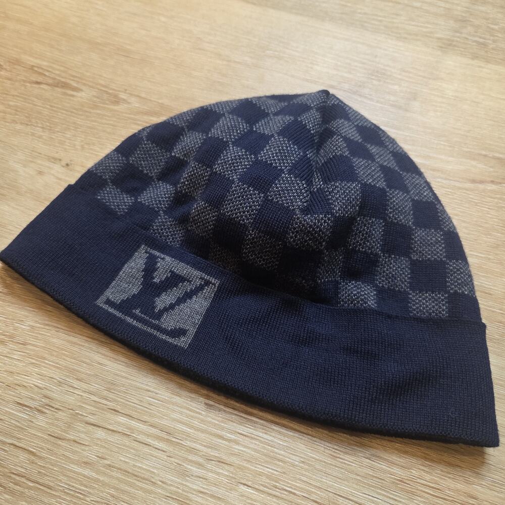 Louis Vuitton Bonnet Petit Damier Blue Gray 100% Wool Beanie Hat Italy